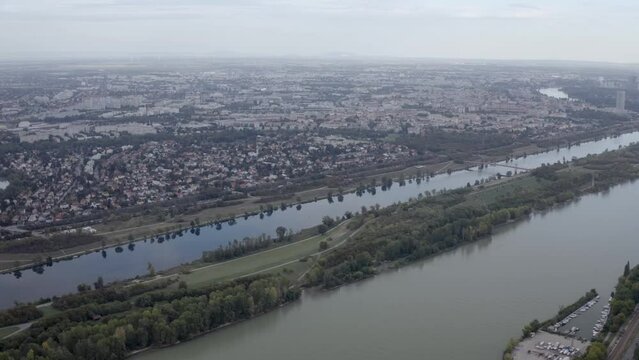 Beautiful landscape of a river and residential area in the city of Vienna, Austria