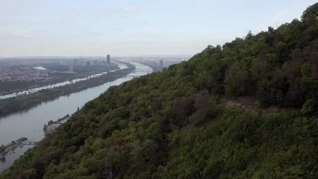 Beautiful landscape of a river and residential area in the city of Vienna, Austria