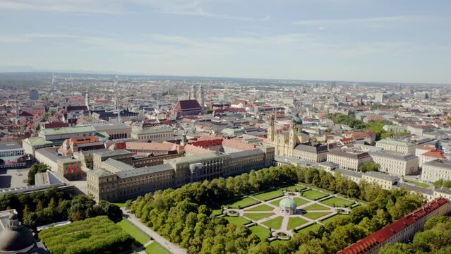 Beautiful view of buildings and park with trees in the city of Munich, Germany