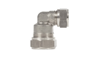 Steel fitting for plumbing pipes, connector for two different sizes, 90 degree angle