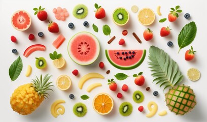  a variety of fruits are arranged on a white surface, including a pineapple, watermelon, kiwi, oranges, and pineapple.  generative ai