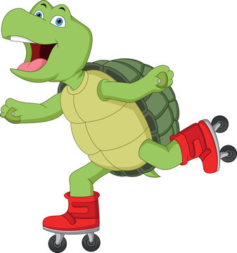 Funny turtle on roller skates cartoon