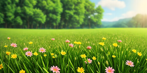 Spring landscape, blossoming field with green grass, pink and yellow flowers, forest, blue sky with clouds. Nature illustration. Generative AI