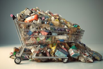 A supermarket trolley full of rubbish can be a powerful symbol of overconsumption in today's society. Generative AI - obrazy, fototapety, plakaty
