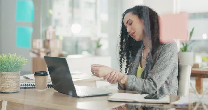 Wrist pain, office and business woman with laptop with carpal tunnel, joint inflammation and muscle ache. Computer, stress and female worker working with medical injury, accident and hurt from typing