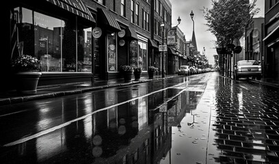 Naklejka premium a black and white photo of a city street with rain. generative ai