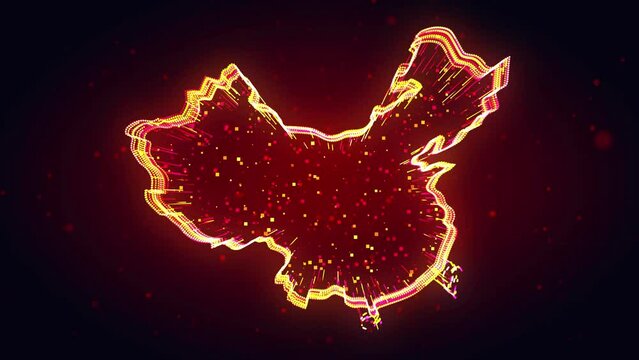 Red Yellow Shiny China Map 3d Lines Effect With Square Dots Particles Motion Reveal On Dark Red Glitter Dust Background, 5-15 Sec Seamless Loop