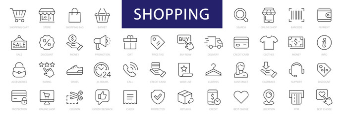 Fototapeta na wymiar Shopping thin line icons set. Shopping, E-Commerce, Shop, Payment editable stroke icons collection. Online Shopping symbols set. Vector illustration
