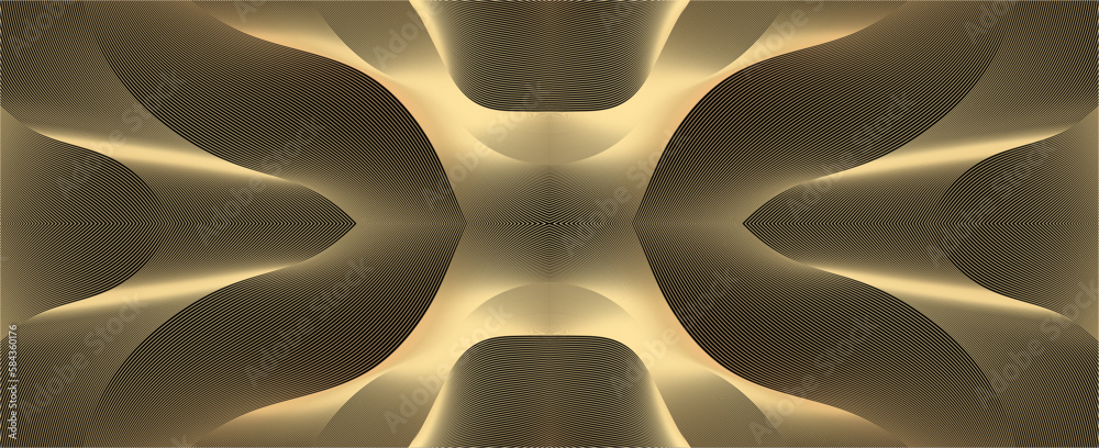 Poster Luxury Horizontal abstract gold wavy abstract background with gold symmetrical line pattern. Modern guilloche curves line pattern in premium colors. Monochrome golden stripe texture for banner