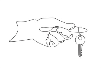 Continuous line drawing. The hand holds the key.  Lines black on white background.