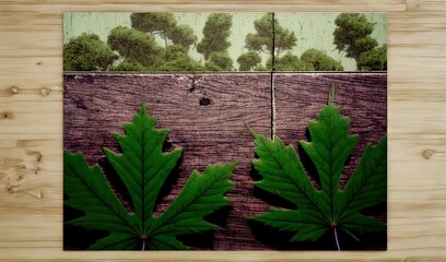  a picture of two green leaves on a wooden surface with a picture of a forest in the background.  generative ai