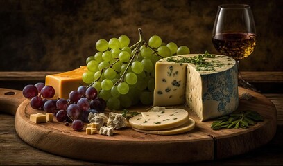  a cheese board with grapes, cheese, and a glass of wine.  generative ai