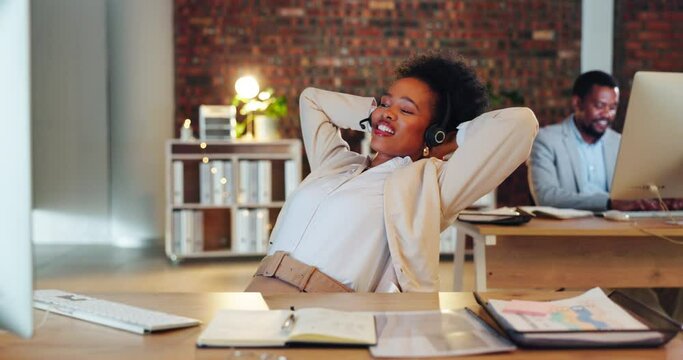 Office computer, customer service and relax happy woman done with telemarketing, contact us CRM or telecom. Call center, easy ecommerce consultant and African tech support person finished with work