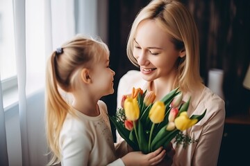 Fototapeta na wymiar Happy mother's Day. A blond child daughter congratulates her mother and gives her flowers and tulips. Mother and girl smile and hug. Family holiday and unity