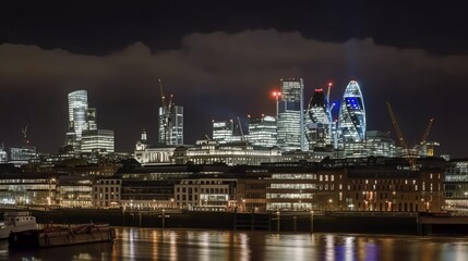 Fototapeta na wymiar London Skyline at night with brightly lit tower blocks