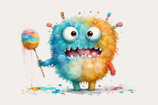 Watercolor painting of a cute candy monster isolated on white background. Perfect for children's illustrations and designs. Generative AI.