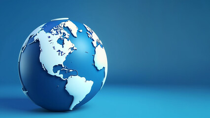 Blue globe, earth map 3D on blue background, business banner. AI generated image.