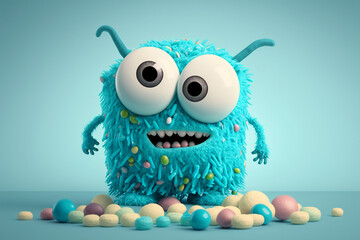 Cute and funny candy monster with colorful sweets isolated on blue background. Generative AI.