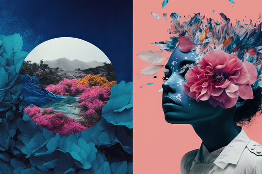 AI generated woman with flowers and mountain river