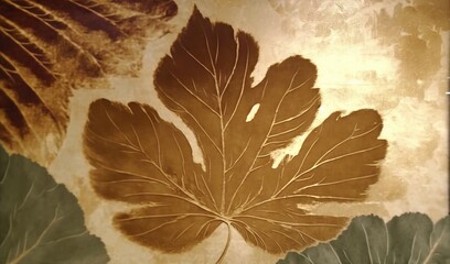  a painting of a leaf on a wall with a brown background.  generative ai