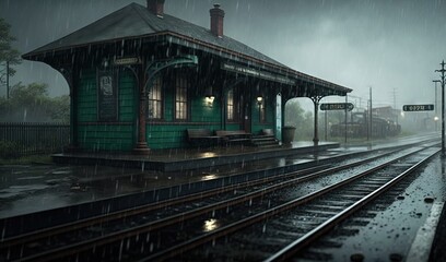 Fototapeta na wymiar a train station with a train on the tracks in the rain. generative ai