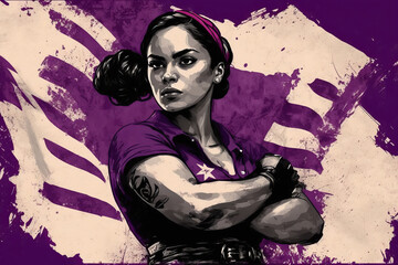 Generative AI illustration of young tattooed brave female in shirt with star print crossing arms against shabby graffiti background with scratches