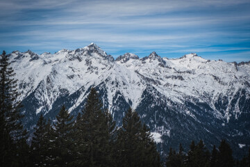Plakat The Dolomites mountains in beautiful winter day. Pinzolo ski resort, Italy. January 2023