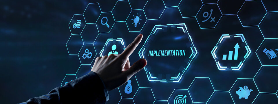 Internet, business, Technology and network concept. IMPLEMENTATION, web technology concept. Virtual button.