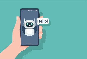 Chatbot application on a smartphone. Artificial intelligence says hello for help service. Chat by ai. Vector illustration flat design for banner, template, and background.