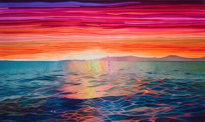 Fototapeta na wymiar a painting of a sunset over a body of water with a mountain in the distance. generative ai