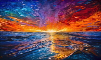  a painting of a sunset over a body of water with a bright orange and blue sky.  generative ai