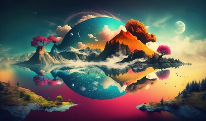 Obraz na płótnie Canvas a digital painting of a mountain with a lake and trees. generative ai