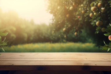 Wooden table for product display in apple garden, generative AI