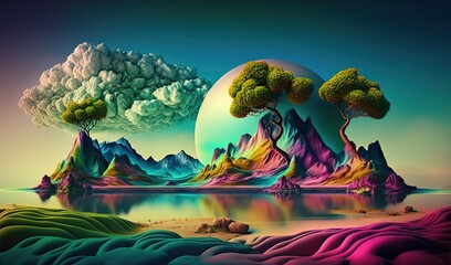 Obraz na płótnie Canvas a painting of a landscape with mountains, trees, and a lake. generative ai