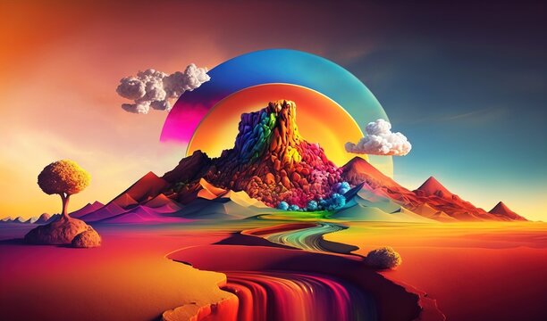  a painting of a rainbow colored mountain with a rainbow colored sky in the background.  generative ai