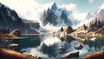 mountain lake surrounded by snow, generative AI
