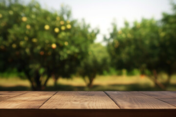 Wooden table for product display in fruit garden, generative AI