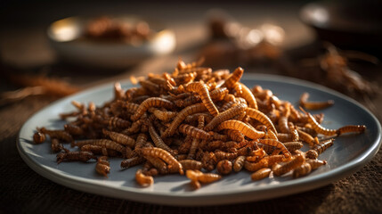 eat some bugs. a bowl of flour with mealworm larvae as food. Tenebrio molitor mealworms in freeze-dried form are used as snacks. cooked worms. burned mealworms. idea for a snack - Generative AI
