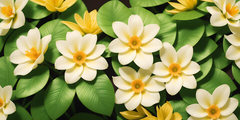 Several water lilies with white petals and a yellow center on green leaves. Nature illustration. Generative AI