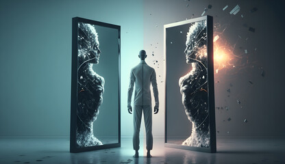 A digital avatar standing in front of a mirror reflection