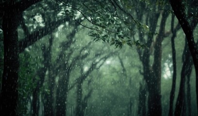  a forest filled with lots of green trees covered in rain.  generative ai