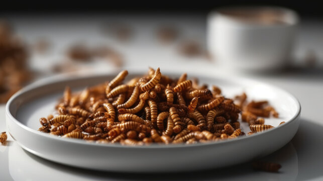 eat some bugs. a bowl of flour with mealworm larvae as food. Tenebrio molitor mealworms in freeze-dried form are used as snacks. cooked worms. burned mealworms. idea for a snack - Generative AI