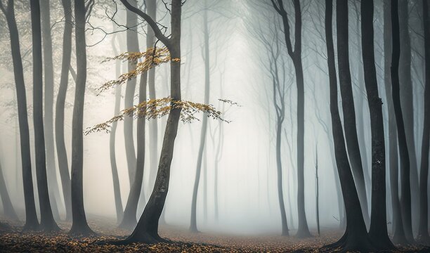  a foggy forest filled with lots of trees and leaves.  generative ai