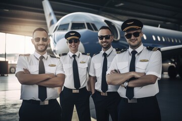 The team of pilots and flight attendants stand with the airplane in the background, responsible for ensuring a safe and comfortable flight. Generative AI - obrazy, fototapety, plakaty
