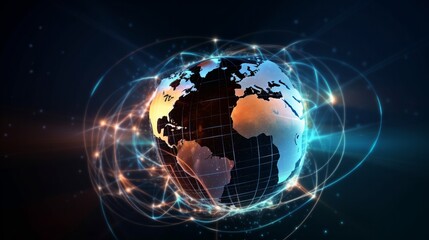 Naklejka na ściany i meble Communication technology global world network concept. Connection lines Around Earth Globe, Motion of digital data flow. Futuristic Technology Theme Background with Light Effect (ai generated) 