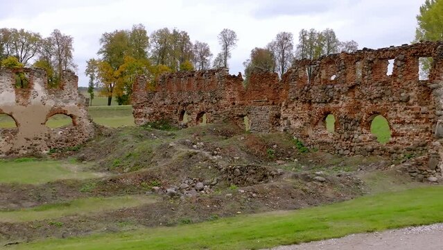 Aerial view of the ruins of Krupe Castle with trees in the background, in Lublin, Poland