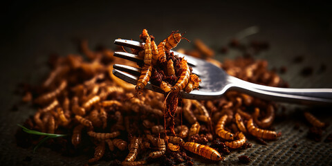 On the fork, fried, tasty insects. Mealworms make a great protein snack. Concepts of entomophagy and insectivory. Close up view of novel food.  - Generative AI