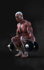 Fototapeta na wymiar 3d Illustration of a muscular man figures pose with skin and muscle map on dark background with clipping path, Concept of bodybuilder pose.