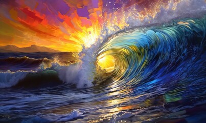 Naklejka na ściany i meble a painting of a wave crashing into the shore at sunset. generative ai