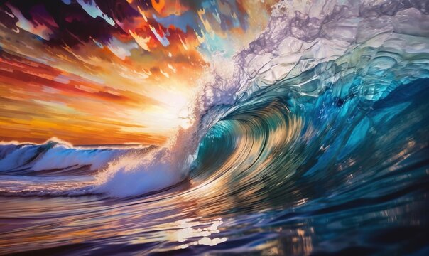  a painting of an ocean wave with a sunset in the background.  generative ai